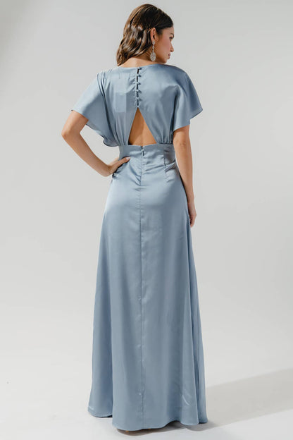 Darling Flutter Sleeve Cut Out Satin Maxi Dress: Champagne / L