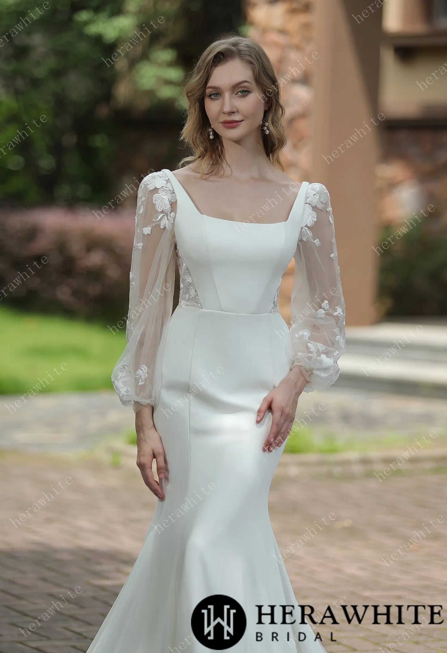 Square Neck Crepe Fit And Flare Wedding Dress With Tulle Bishop Sleeves
