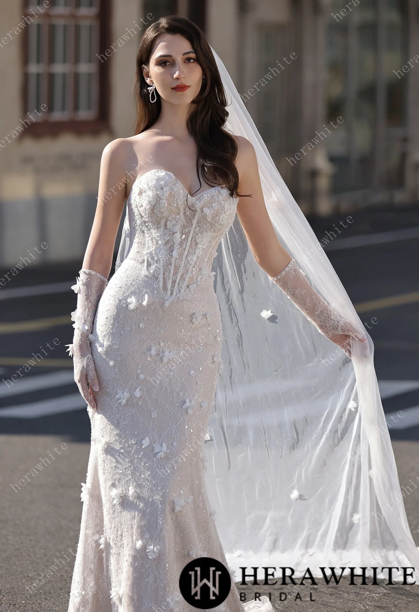 High Neck Lace Mermaid Bridal Gown with Buttons Placket HW3803-N+L
