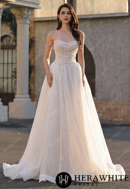 Strapless Ballgown Wedding Dress with Beaded Chain Shoulder Accent HW3807