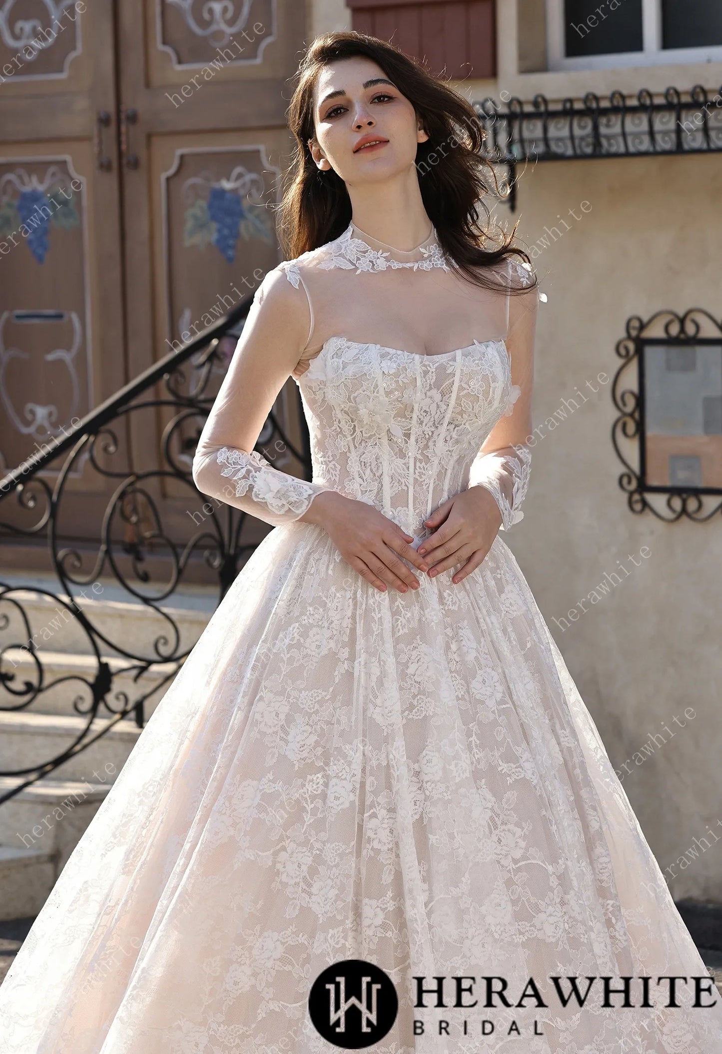 Ethereal Cat Eye Neckline Lace Ballgown Wedding With 3-D Flower Accents HW3817