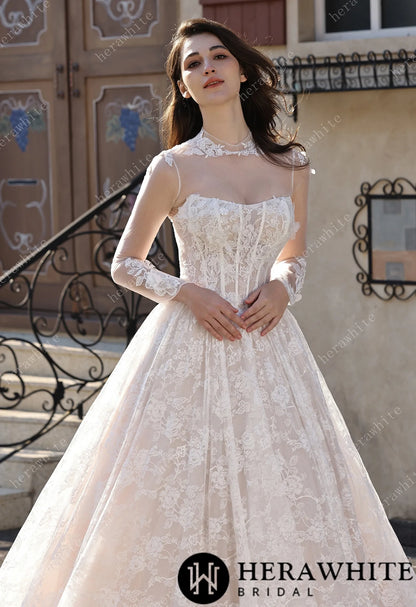 Ethereal Cat Eye Neckline Lace Ballgown Wedding With 3-D Flower Accents HW3817