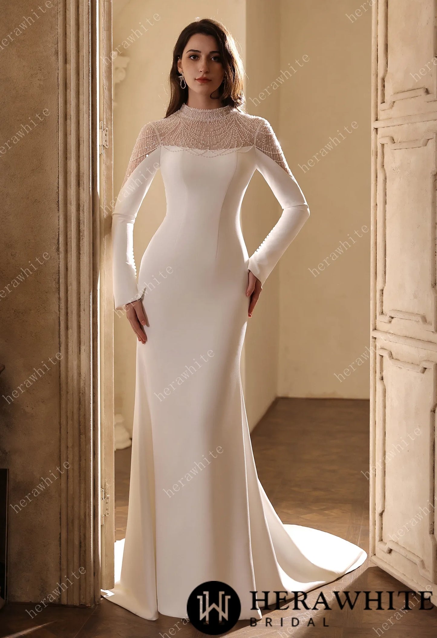 Sparkling Sheer High-Neck Beaded Mesh Long Sleeves Crepe Gown HW3855
