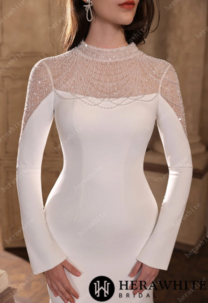 Sparkling Sheer High-Neck Beaded Mesh Long Sleeves Crepe Gown HW3855
