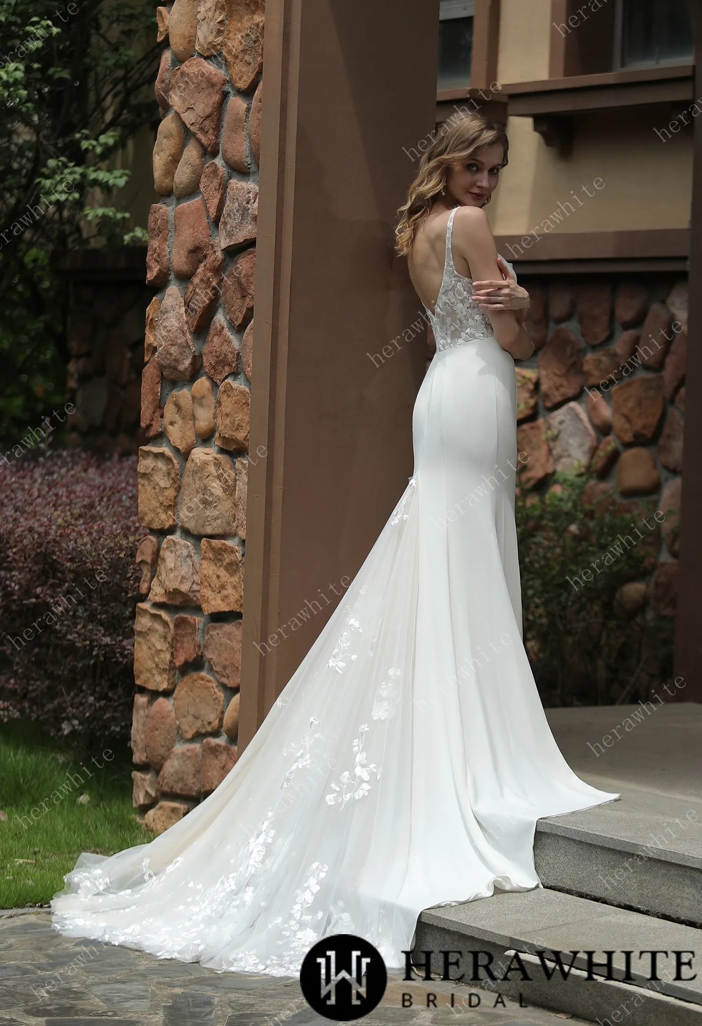 Square Neck Crepe Fit And Flare Wedding Dress With Tulle Bishop Sleeves