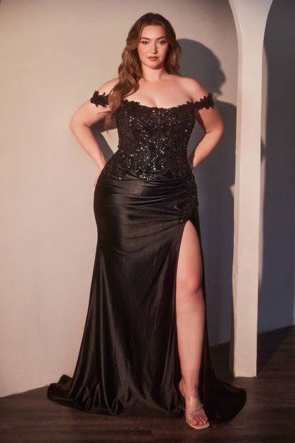 OFF THE SHOULDER LACE & SATIN CURVE DRESS