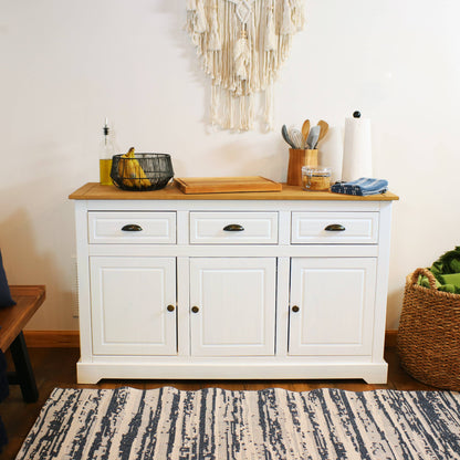 Solid Pine Sideboard with 3 Drawers and 3 Doors - White