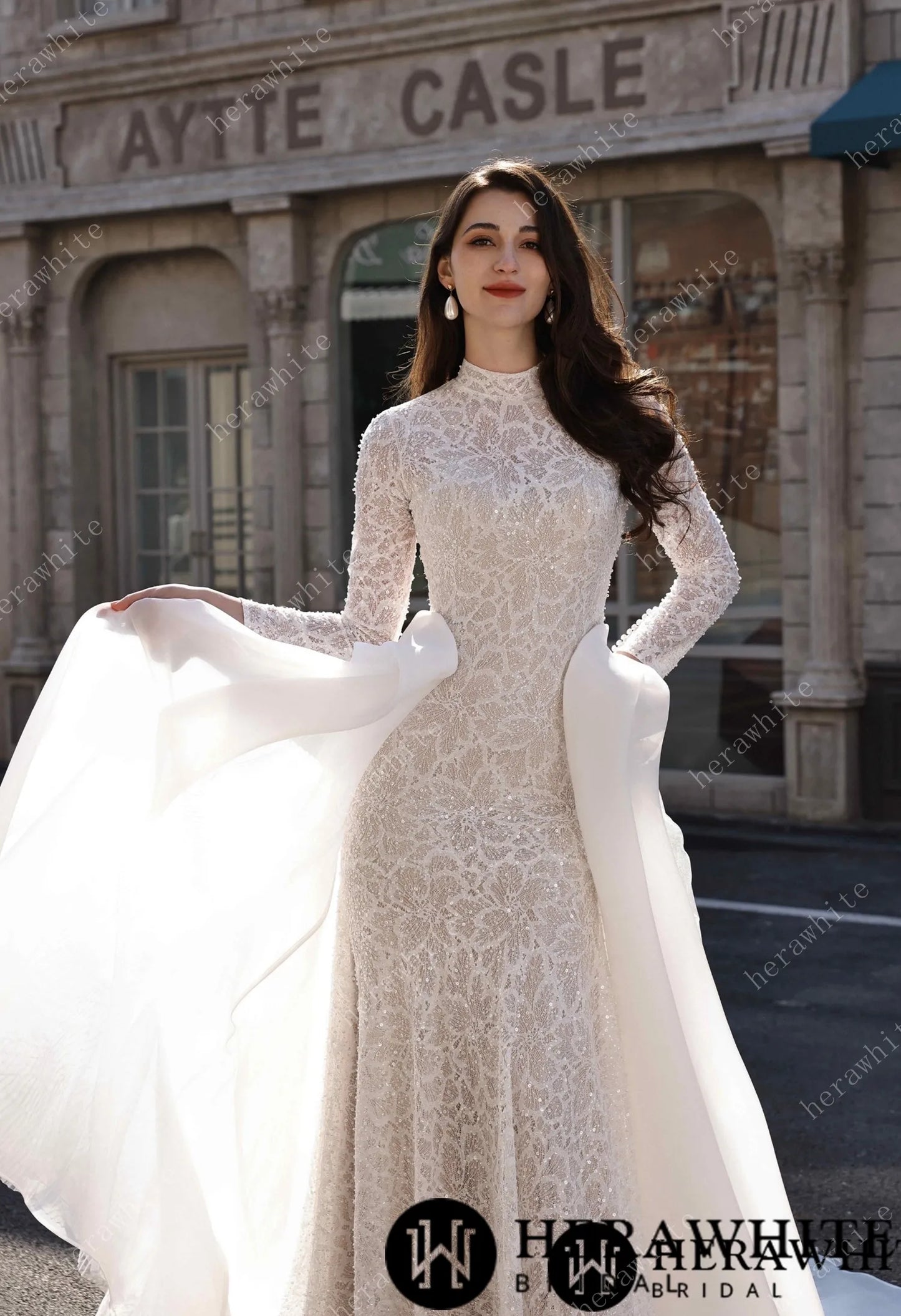 Elegant High-Neck Sequin Lace Sheath Gown with Detachable Sheer Train HW3843