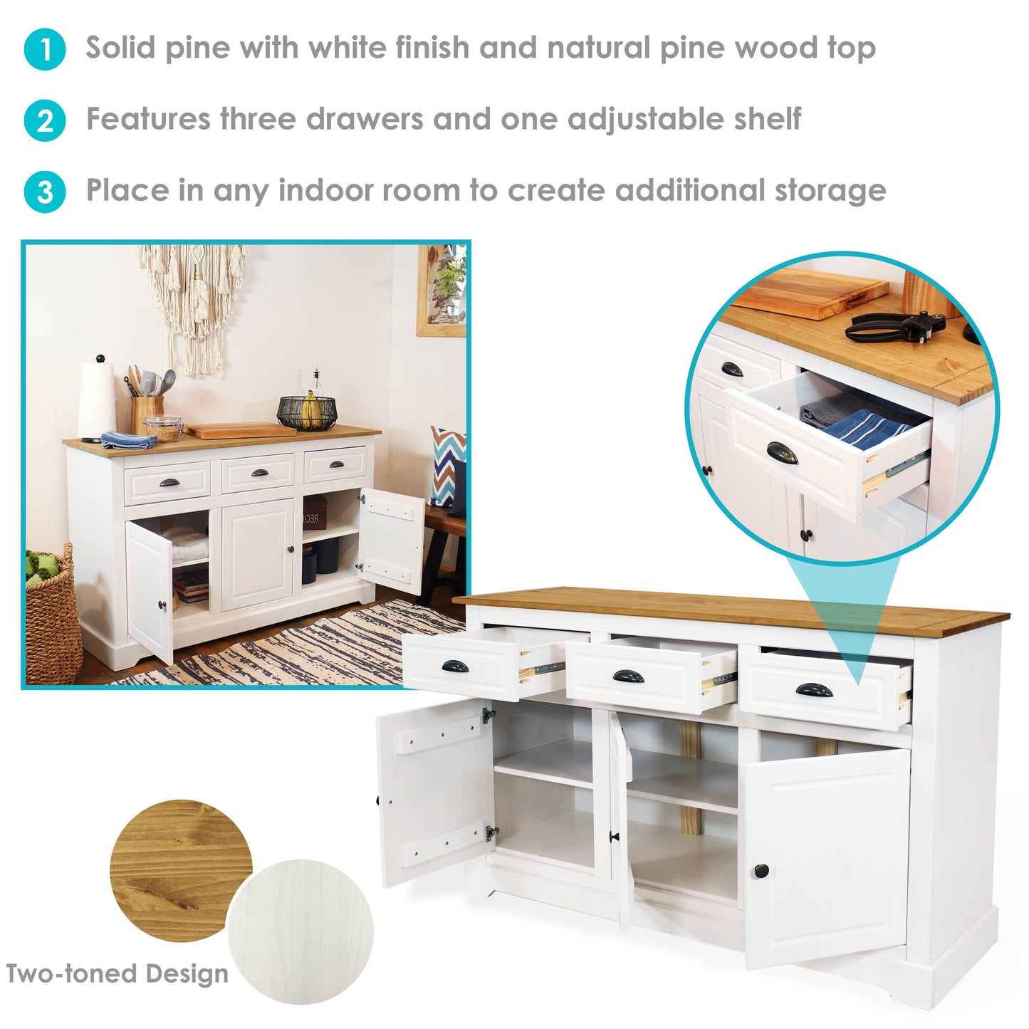 Solid Pine Sideboard with 3 Drawers and 3 Doors - White