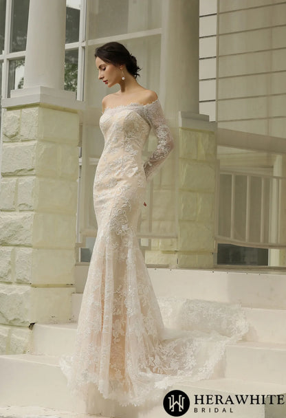 Off-the-Shoulder  Sheath Wedding Dress with Luxury Illusion lace