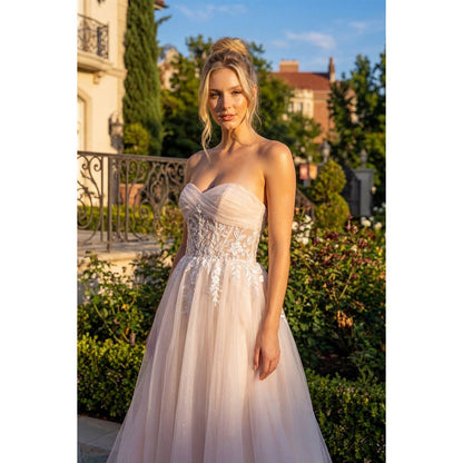 MESH STRAPLESS GOWN WITH SHEER EMBROIDERED LACE WAIST