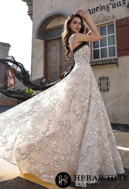 Strapless Black & Ivory Line-Art Floral Organza Bridal Gown With Back Detachable Bow HW3820