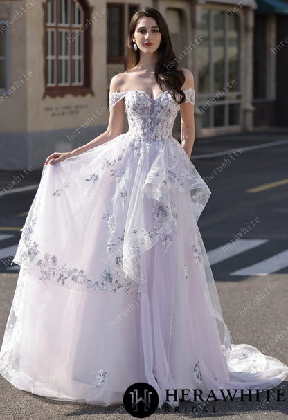 Floral Sheer-Bodice Bridal Gown with Asymmetric Ruffled Skirt HW3856
