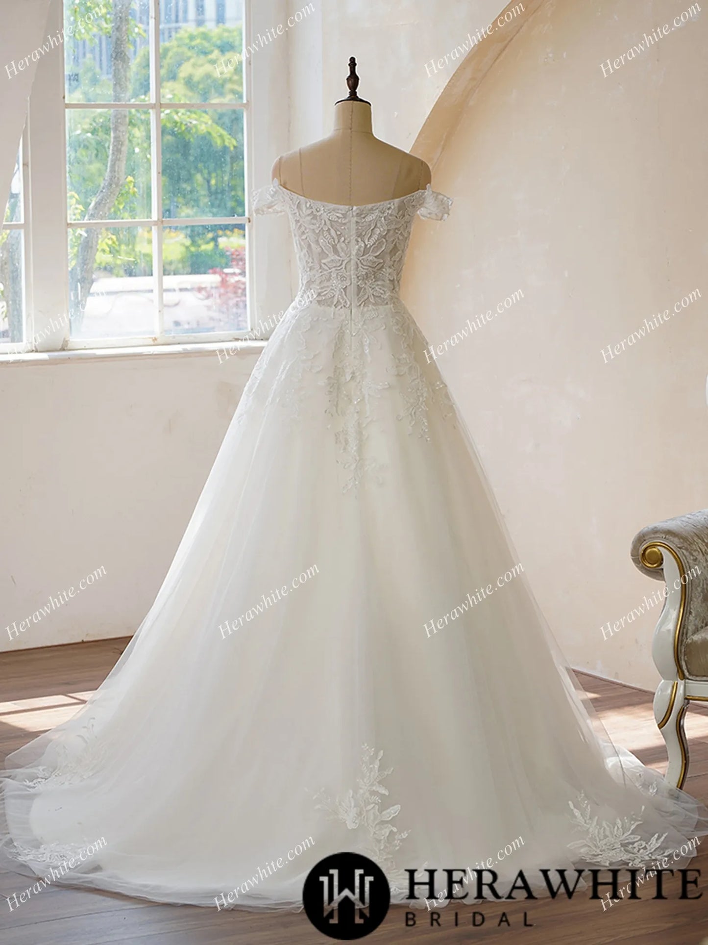 Off the Shoulder Lace With Floral Wedding Dress