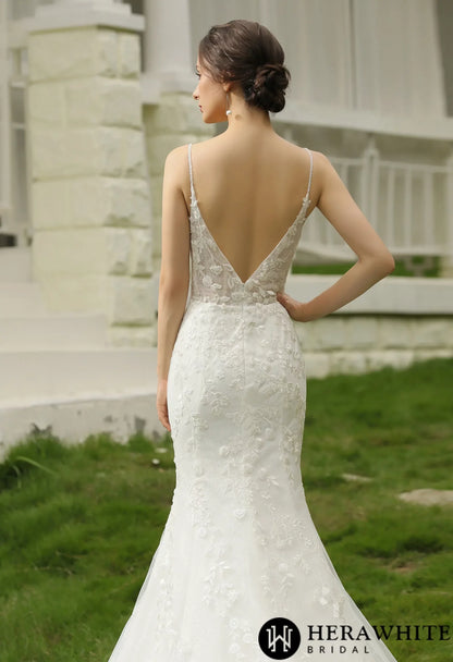 Spaghetti Beading Strap Fit To Flare  Wedding Dress