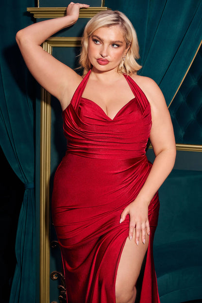 CURVY STETCH SATIN HALTER FITTED DRESS