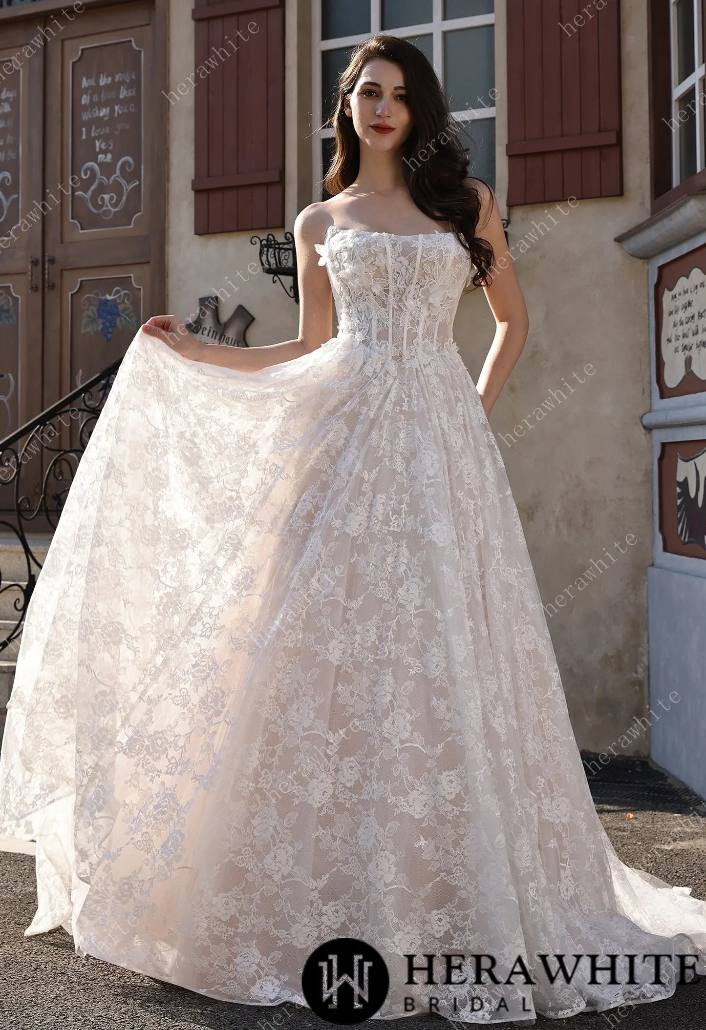 Ethereal Cat Eye Neckline Lace Ballgown Wedding With 3-D Flower Accents HW3817