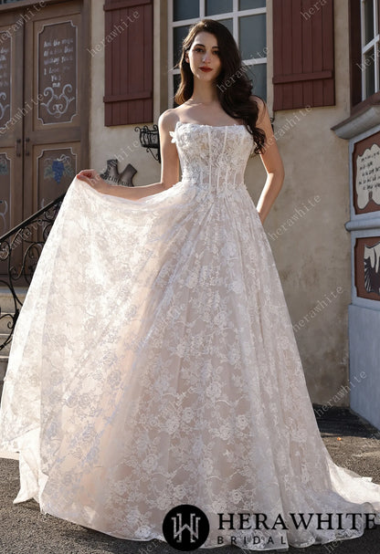 Ethereal Cat Eye Neckline Lace Ballgown Wedding With 3-D Flower Accents HW3817
