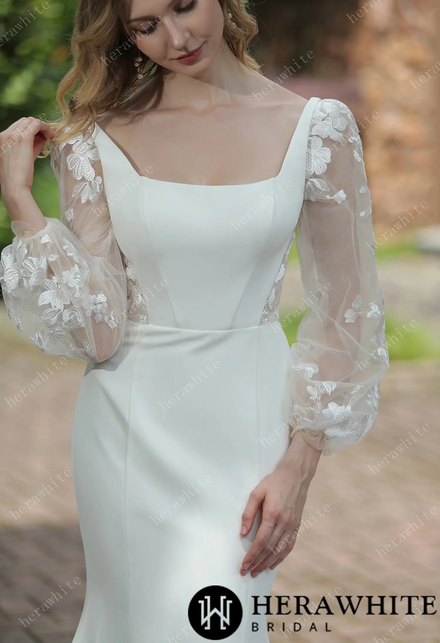 Square Neck Crepe Fit And Flare Wedding Dress With Tulle Bishop Sleeves