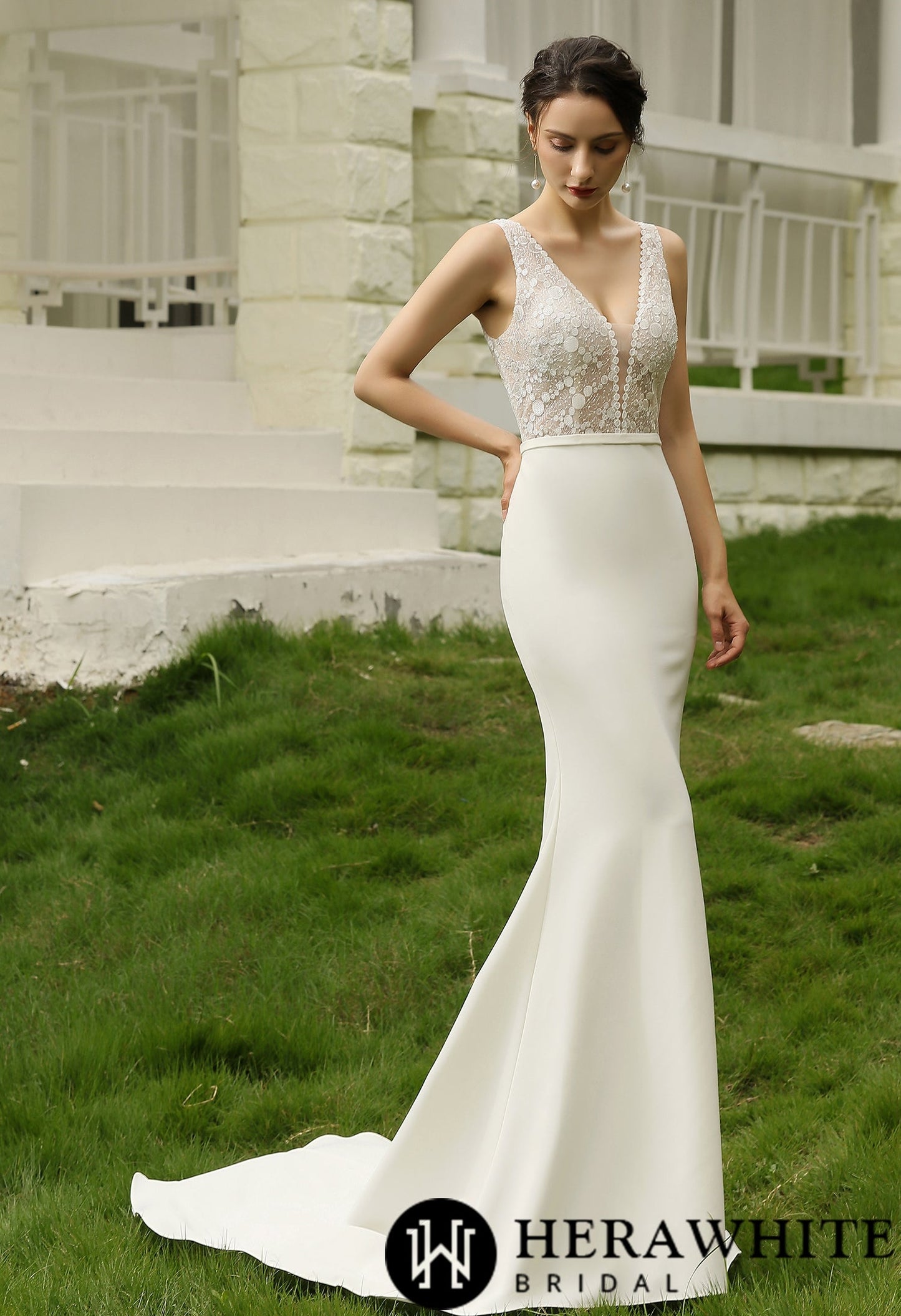 Semi Sheer Bodice Creap Weddding Dress
