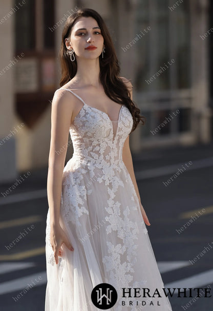 Spaghetti Strap Bridal Gown With Dramatic Lace Train HW3823