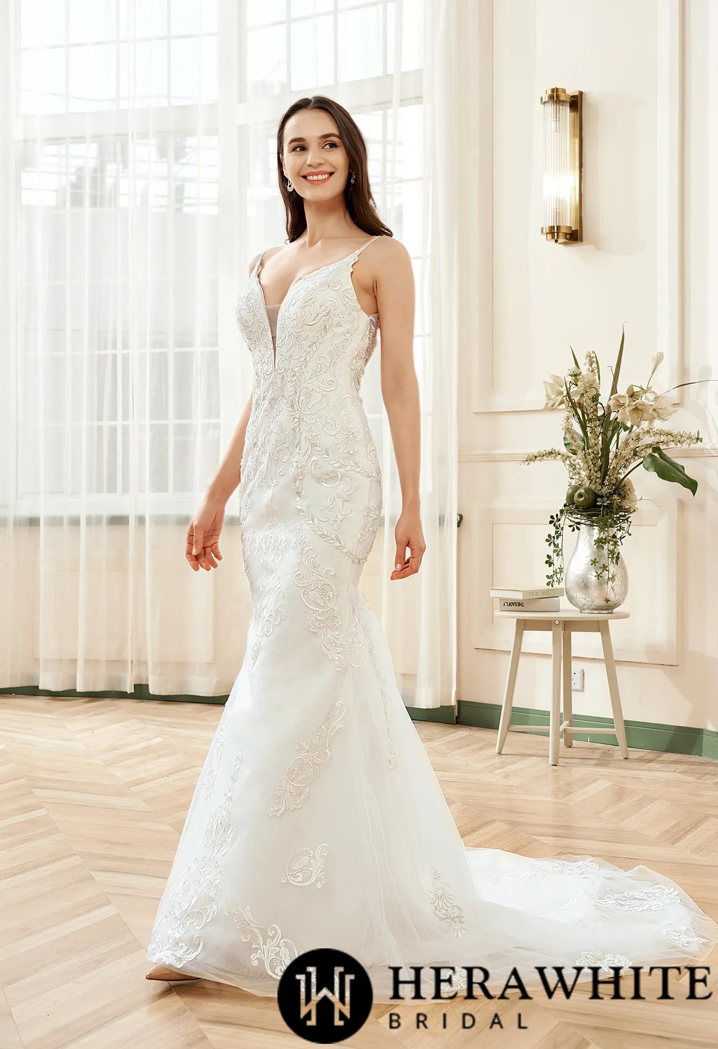 Plunging V-neck Silver Embroidered Lace Court Train Wedding Dress