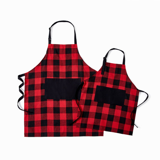 Family Christmas Kitchen Apron Red&Black Plaid 100% Cotton