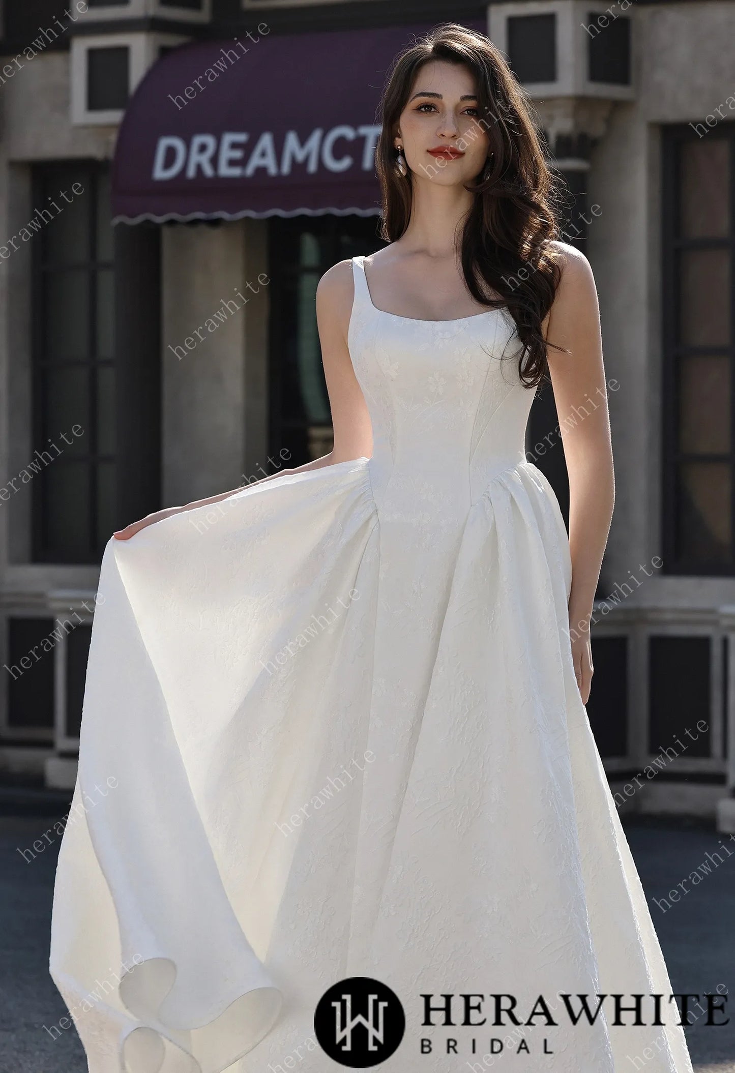 Dignified Square Neckline Subtle Textured Basque Jacquard Satin Ballgown HW3814