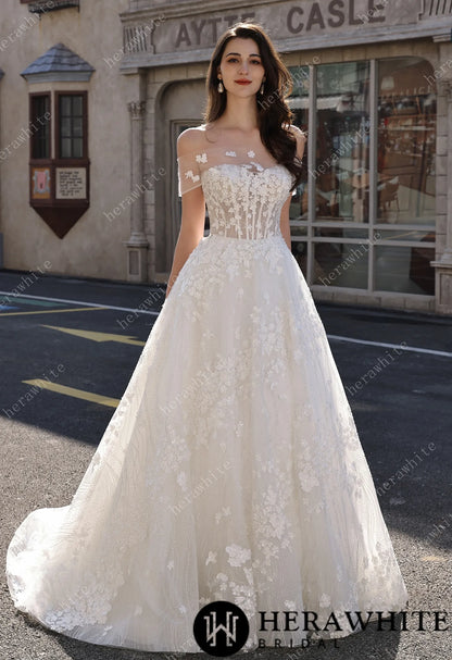 Off-the-Shoulder Sheer Floral Lace With Glitter A-Line Romantic Wedding Dress HW3822