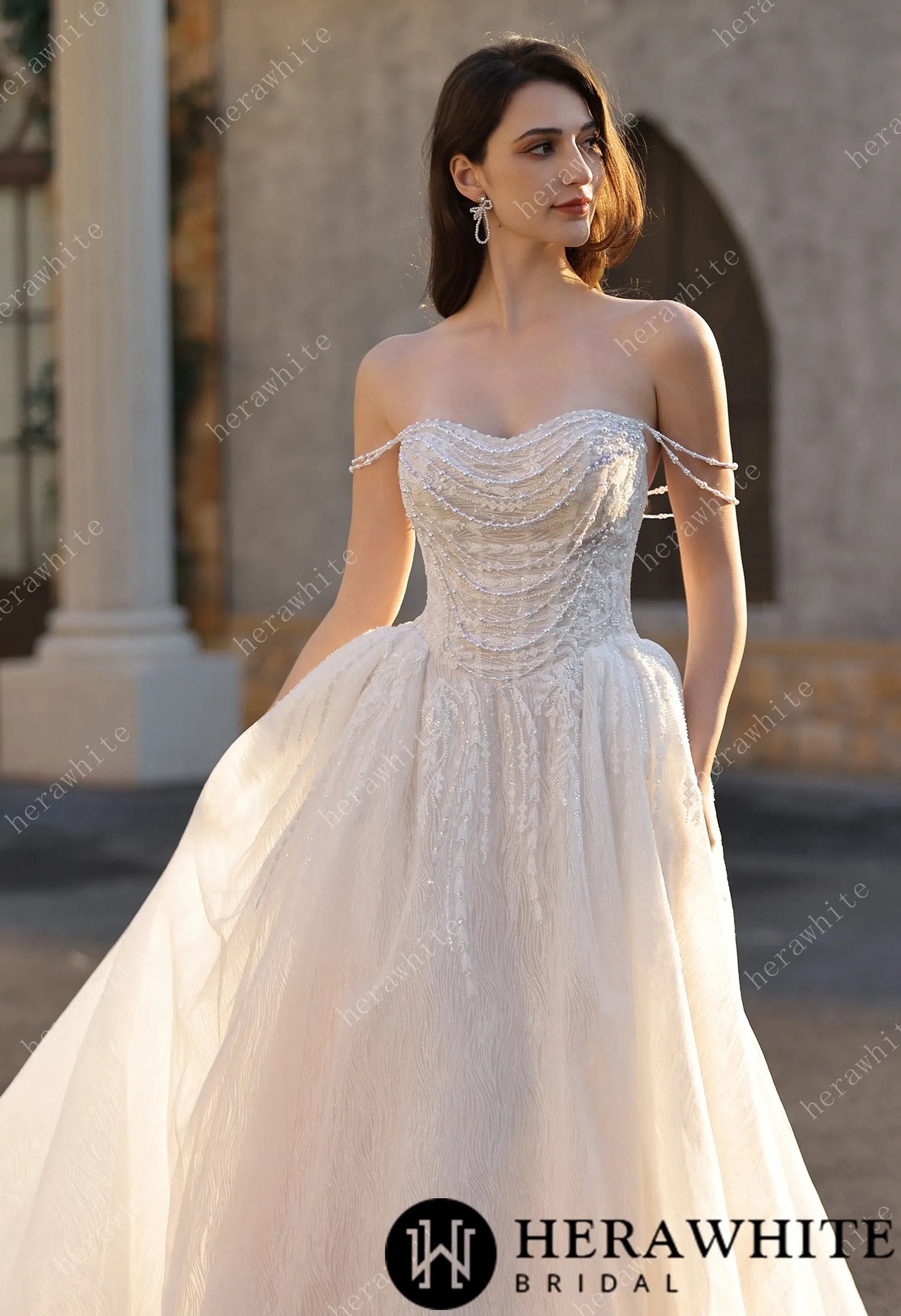 Strapless Ballgown Wedding Dress with Beaded Chain Shoulder Accent HW3807