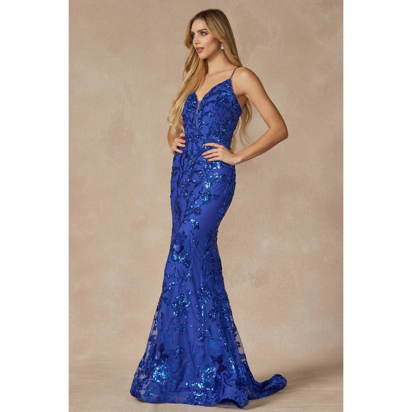SEQUIN LACE EMBELLISHMENTS FITTED PROM GOWN