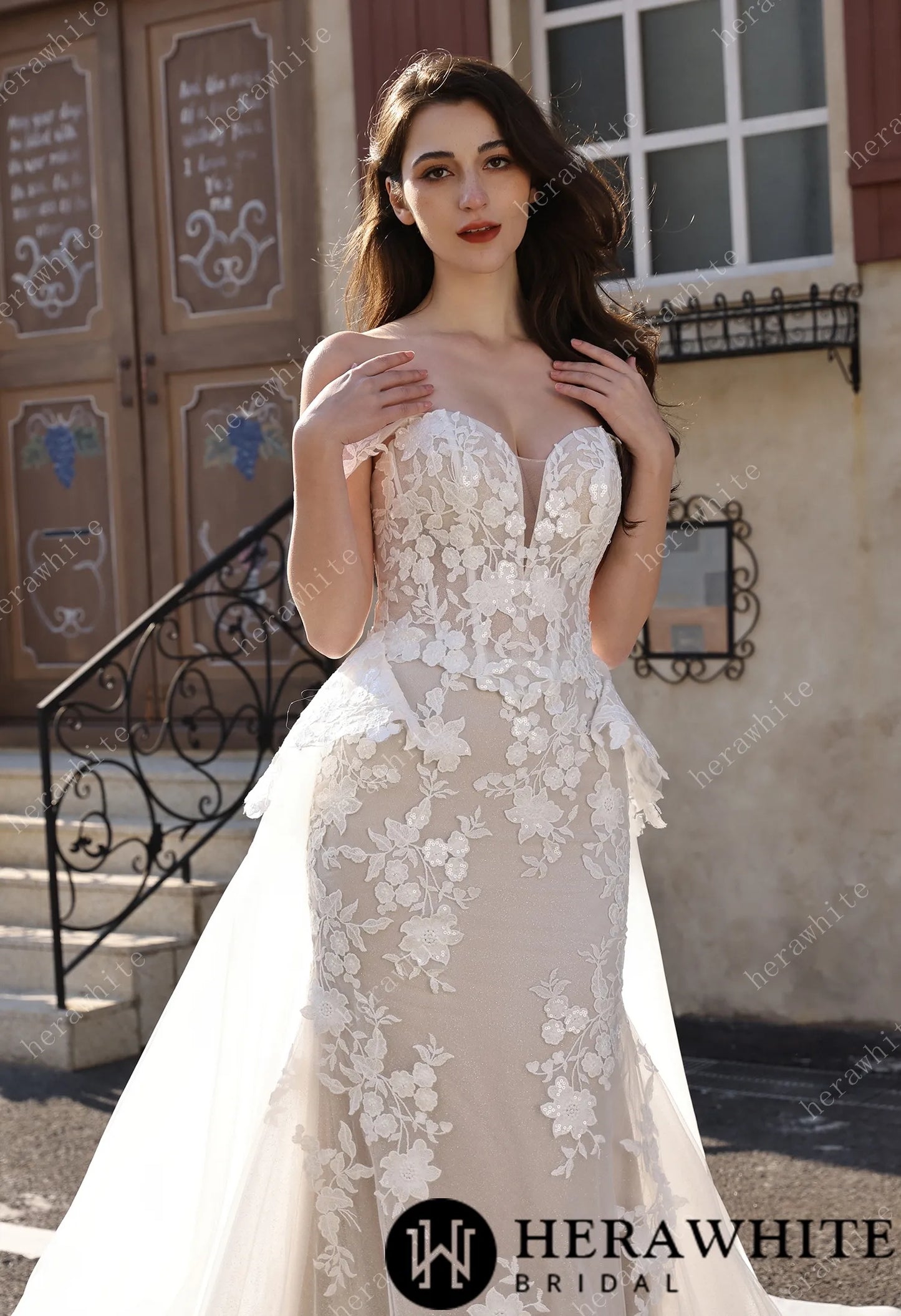 Couture Off-the-Shoulder Floral Lace Mermaid Gown With Detachable Overskirt HW3801-O