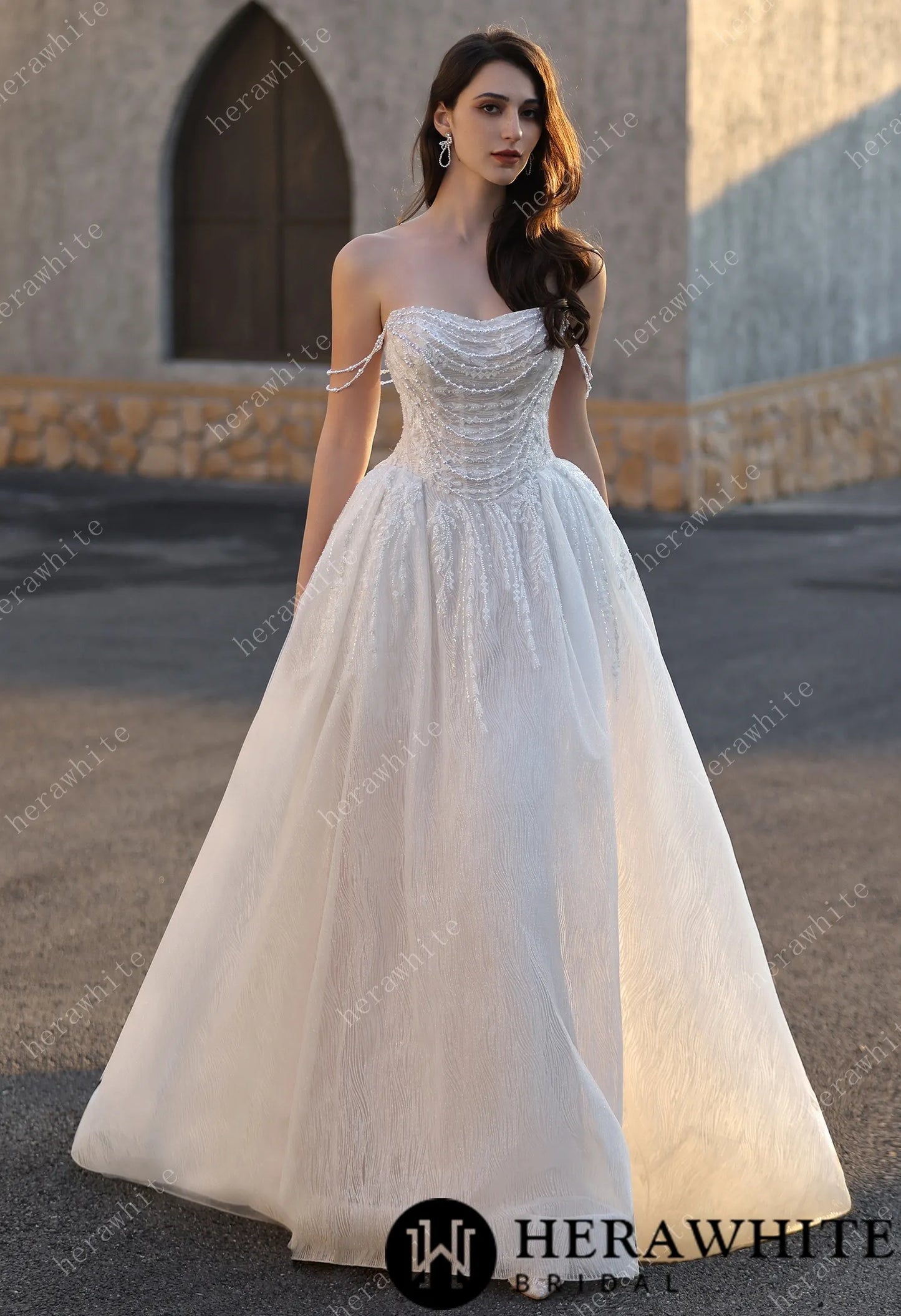 Strapless Ballgown Wedding Dress with Beaded Chain Shoulder Accent HW3807