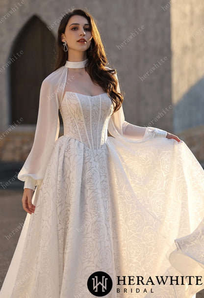 A-line Wedding  Gown In A Floral Print Organza With Detachable Cape HW3831