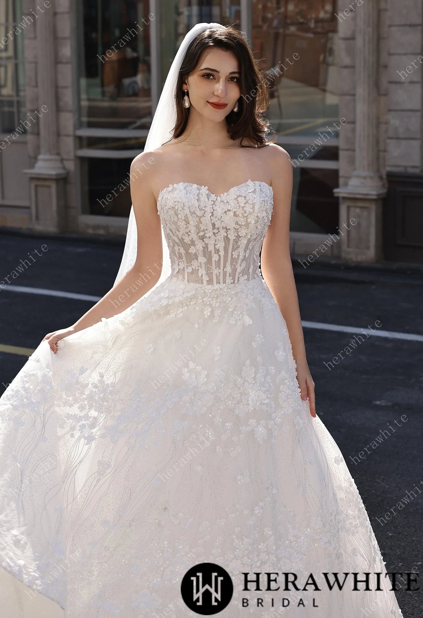 Off-the-Shoulder Sheer Floral Lace With Glitter A-Line Romantic Wedding Dress HW3822