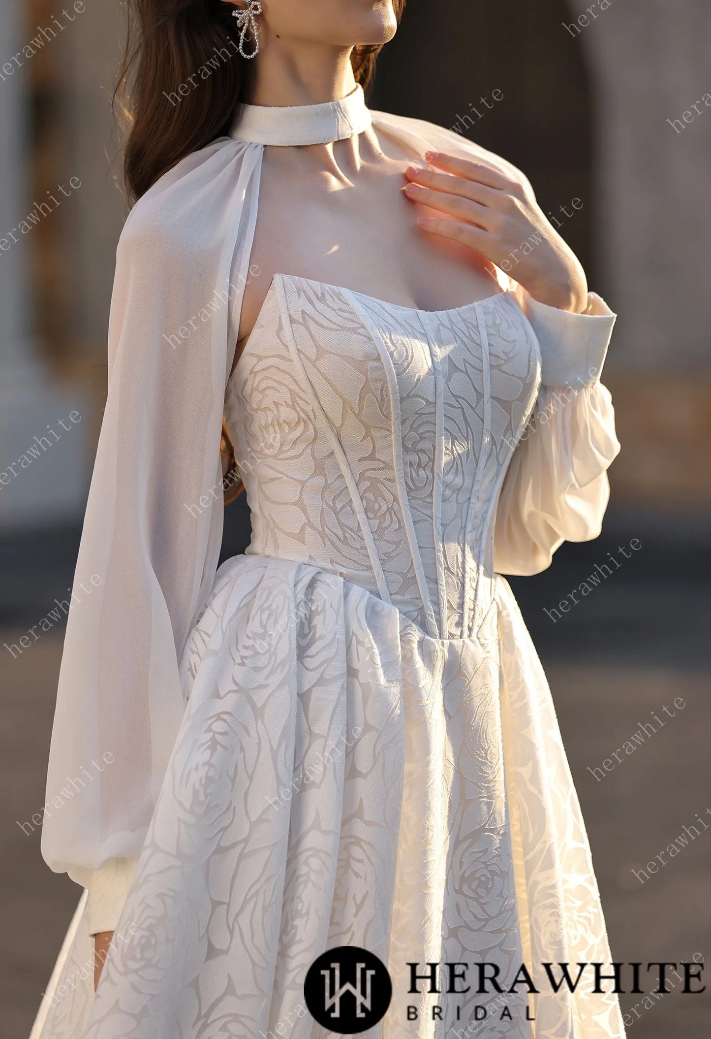 A-line Wedding  Gown In A Floral Print Organza With Detachable Cape HW3831