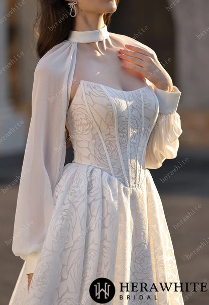 A-line Wedding  Gown In A Floral Print Organza With Detachable Cape HW3831