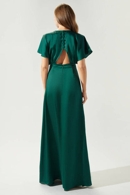 Darling Flutter Sleeve Cut Out Satin Maxi Dress: Champagne / L