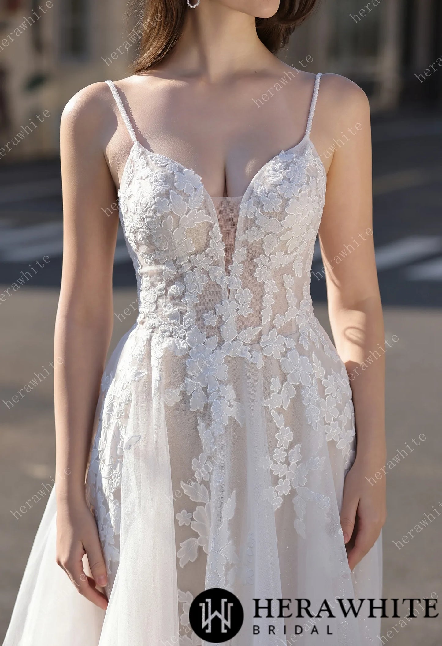 Spaghetti Strap Bridal Gown With Dramatic Lace Train HW3823