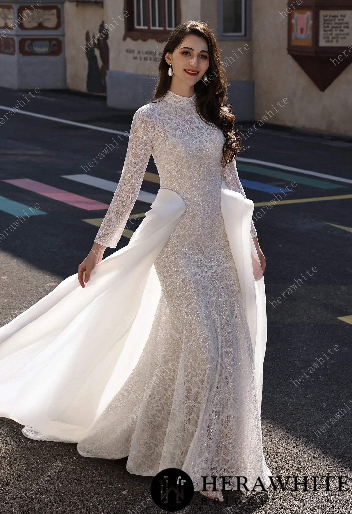Elegant High-Neck Sequin Lace Sheath Gown with Detachable Sheer Train HW3843