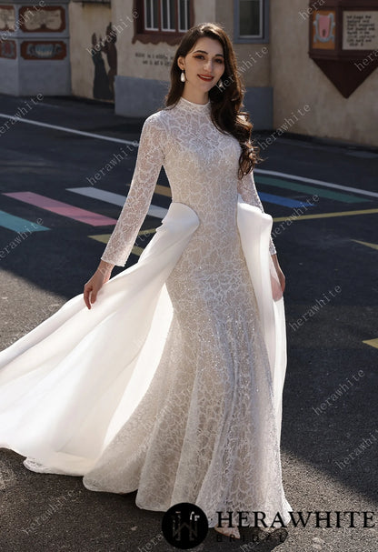 Elegant High-Neck Sequin Lace Sheath Gown with Detachable Sheer Train HW3843
