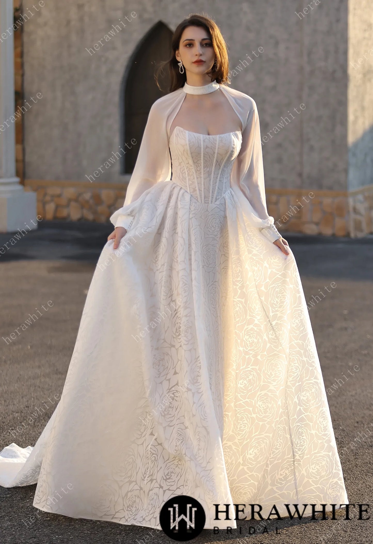 A-line Wedding  Gown In A Floral Print Organza With Detachable Cape HW3831