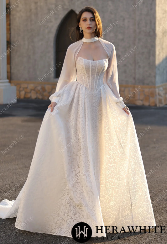 A-line Wedding  Gown In A Floral Print Organza With Detachable Cape HW3831