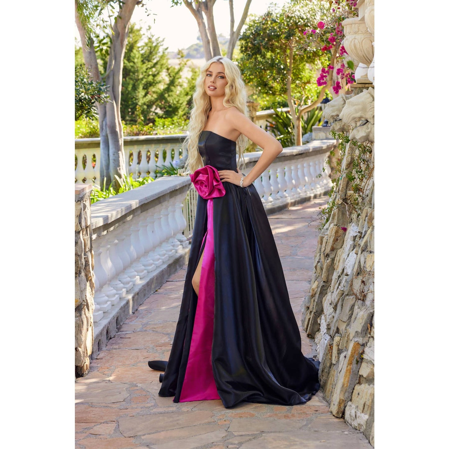 STRAPLESS MOONLIGHT ORGANZA GOWN WITH OVERSIZED ROSETTE DETA
