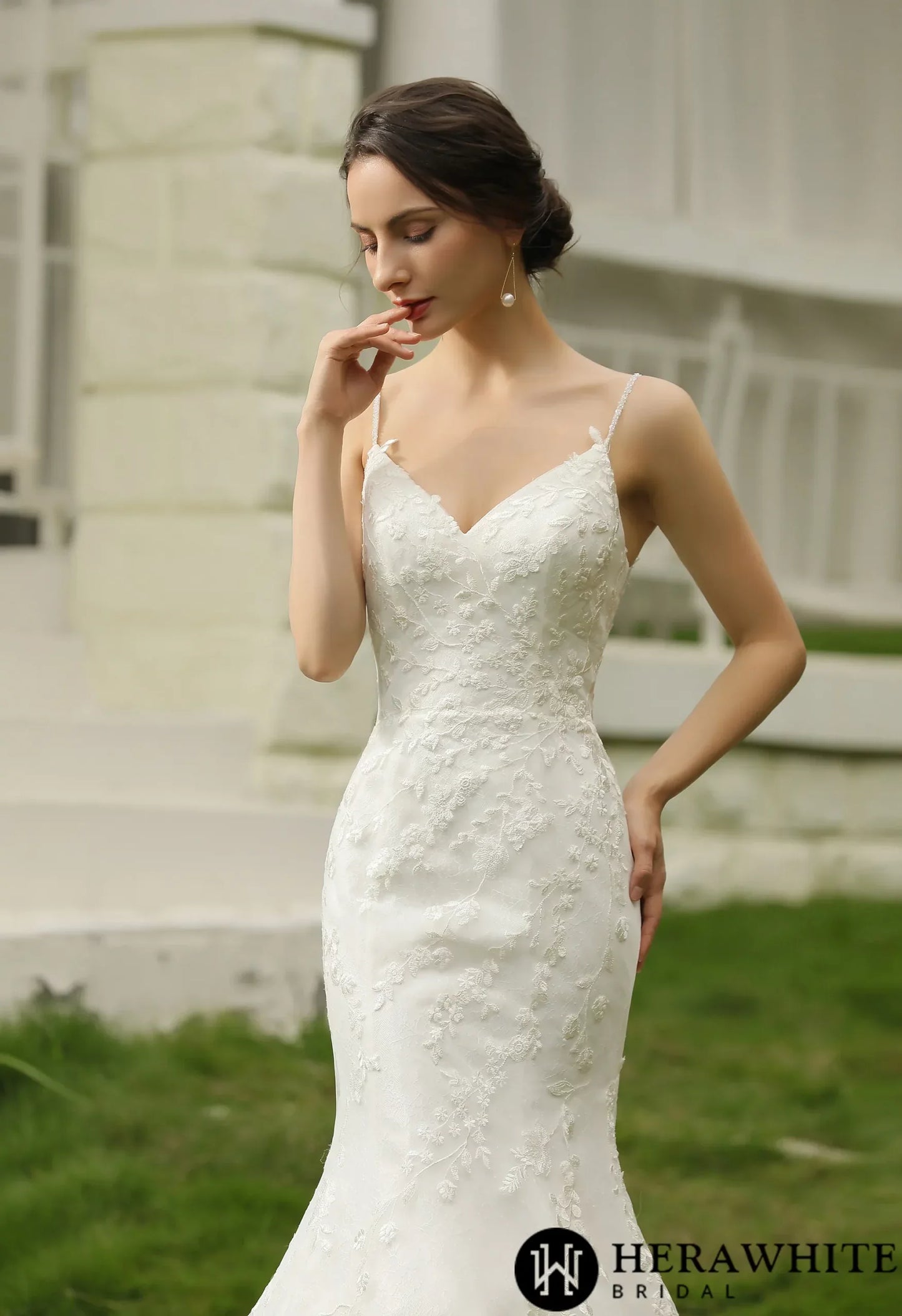 Spaghetti Beading Strap Fit To Flare  Wedding Dress