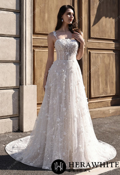 3D Floral Sparkle Lace  Wedding Dress With Straight Across Neckline HW3833