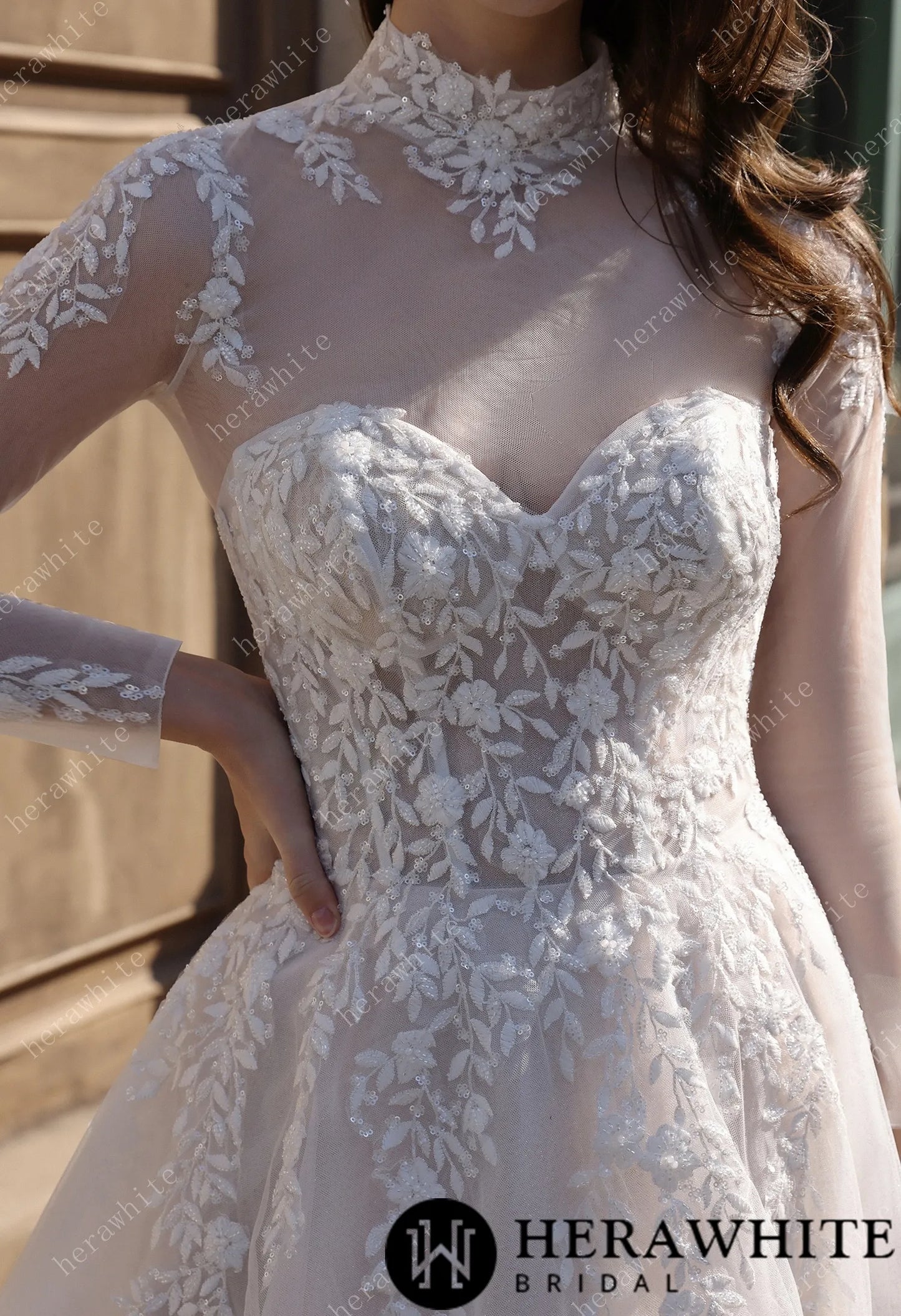 Strapless Sweetheart Beaded Lace Wedding Dress With High illusion Neck HW3841