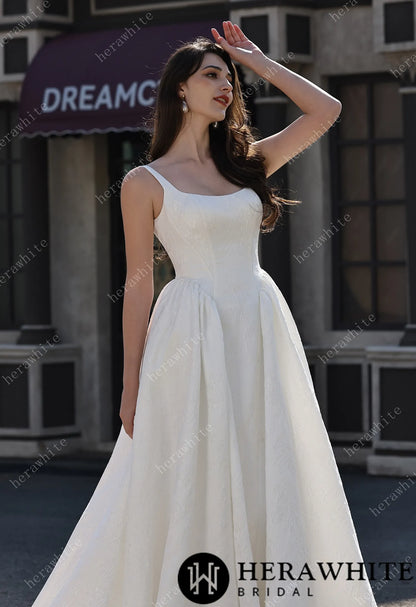Dignified Square Neckline Subtle Textured Basque Jacquard Satin Ballgown HW3814