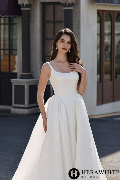 Dignified Square Neckline Subtle Textured Basque Jacquard Satin Ballgown HW3814