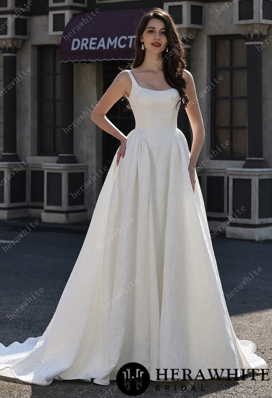Dignified Square Neckline Subtle Textured Basque Jacquard Satin Ballgown HW3814